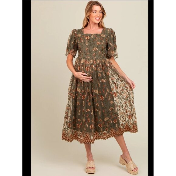 Deauville Maternity Floral Embroidered Midi Dress L Green Orange Lace Hem Short - Picture 1 of 7